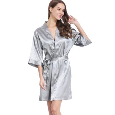 Short Satin Bridesmaid Wedding Robe Gown - Silver Grey