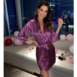 Short Satin Bridesmaid Wedding Robe Gown - Dark Purple