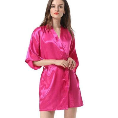 Short Satin Bridesmaid Wedding Robe Gown - Hot Pink