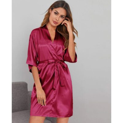 Short Satin Bridesmaid Wedding Robe Gown - Maroon