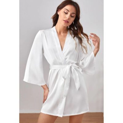 Short Satin Bridesmaid Wedding Robe Gown - White