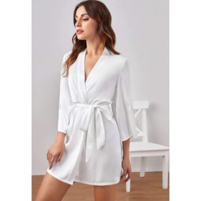 Short Satin Bridesmaid Wedding Robe Gown - White