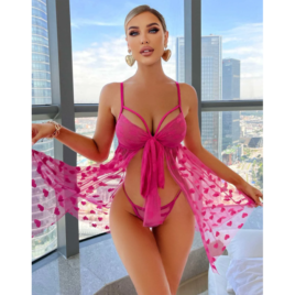 Romantic Heart See Through Mesh Knot Front Babydoll & Thong Lingerie Se