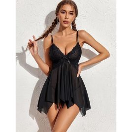 Black Romantic Lace Babydoll with Thong