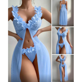 Baby Blue Lace Mesh See Through Transparent Babydoll Nightwear Lingerie
