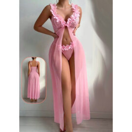 Pink Lace Mesh See Through Transparent Babydoll Nightwear Lingerie