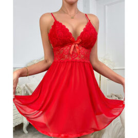 Women Mesh Lace Babydoll Chemise Red